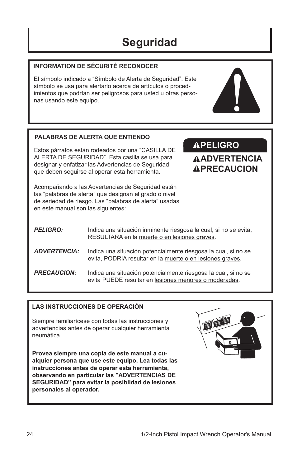 Seguridad, Peligro advertencia precaucion | John Deere AT-3106-J User Manual | Page 24 / 32
