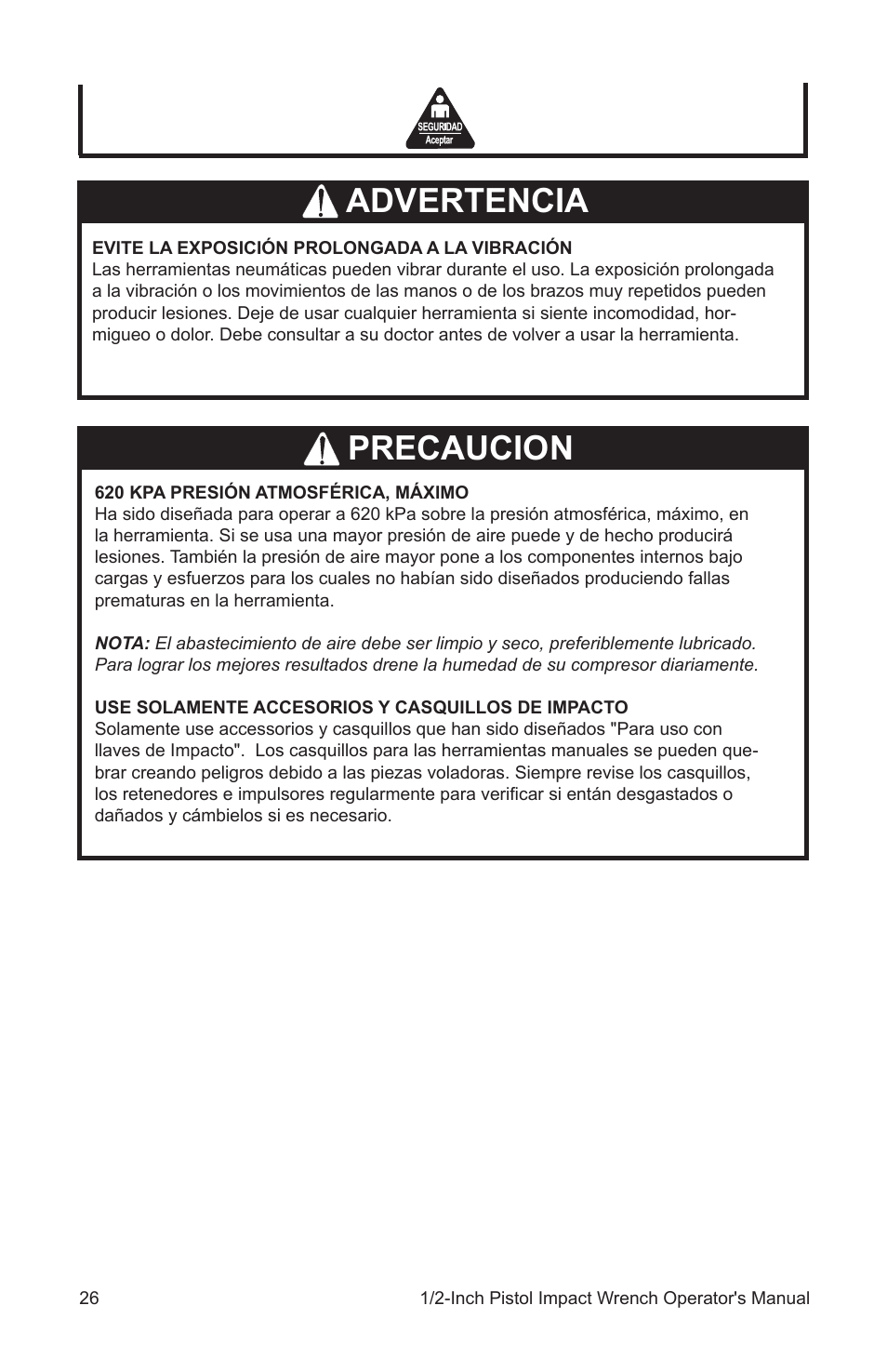 Advertencia precaucion | John Deere AT-3106-J User Manual | Page 26 / 32