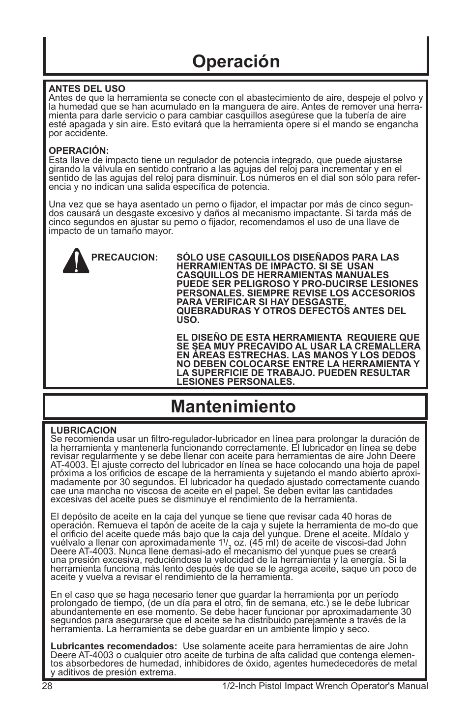 Mantenimiento, Operación | John Deere AT-3106-J User Manual | Page 28 / 32