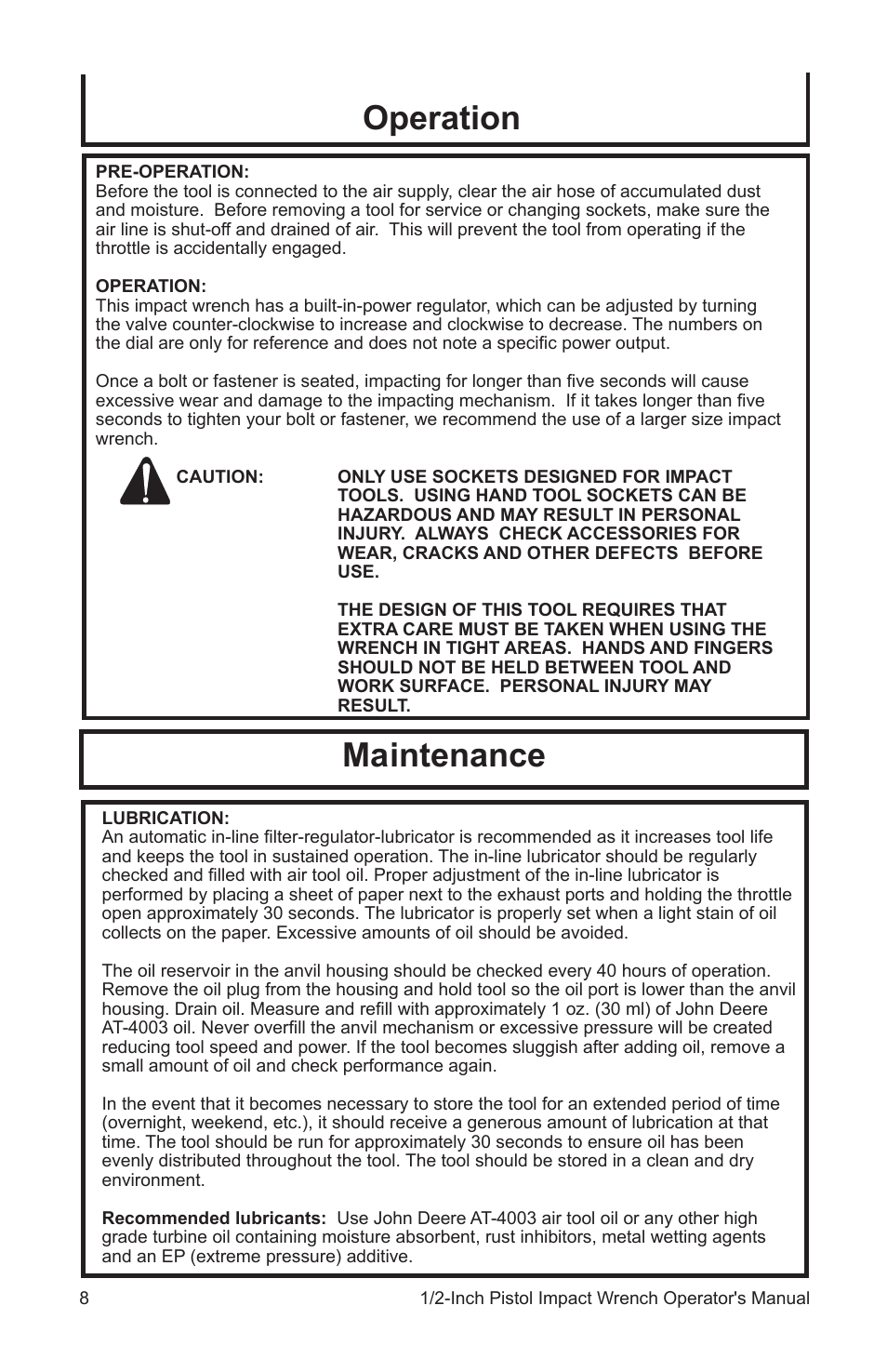 Maintenance, Operation | John Deere AT-3106-J User Manual | Page 8 / 32