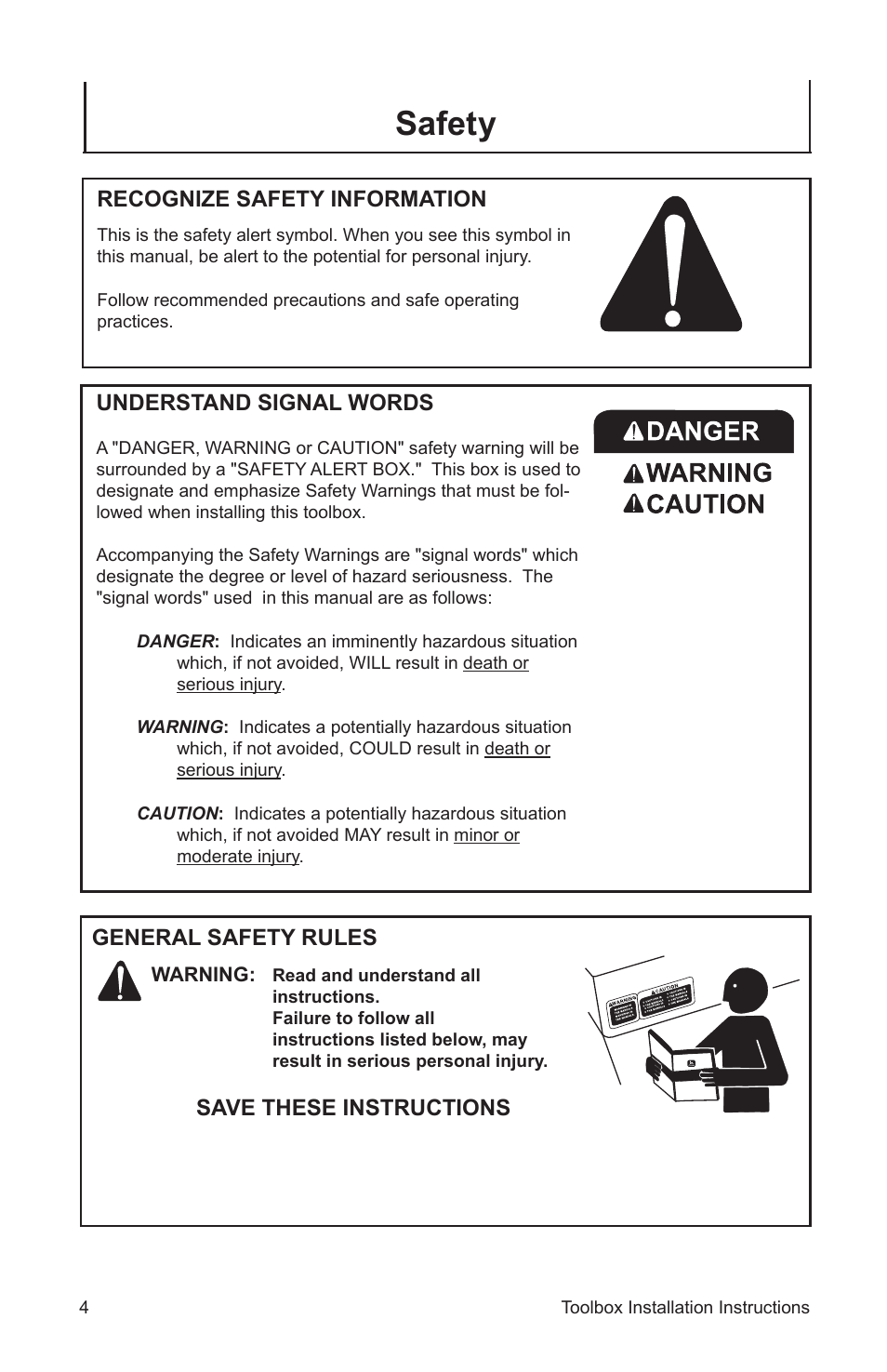 Safety, Recognize safety information, Understand signal words | General safety rules, Save these instructions | John Deere AC-6000SB User Manual | Page 4 / 16