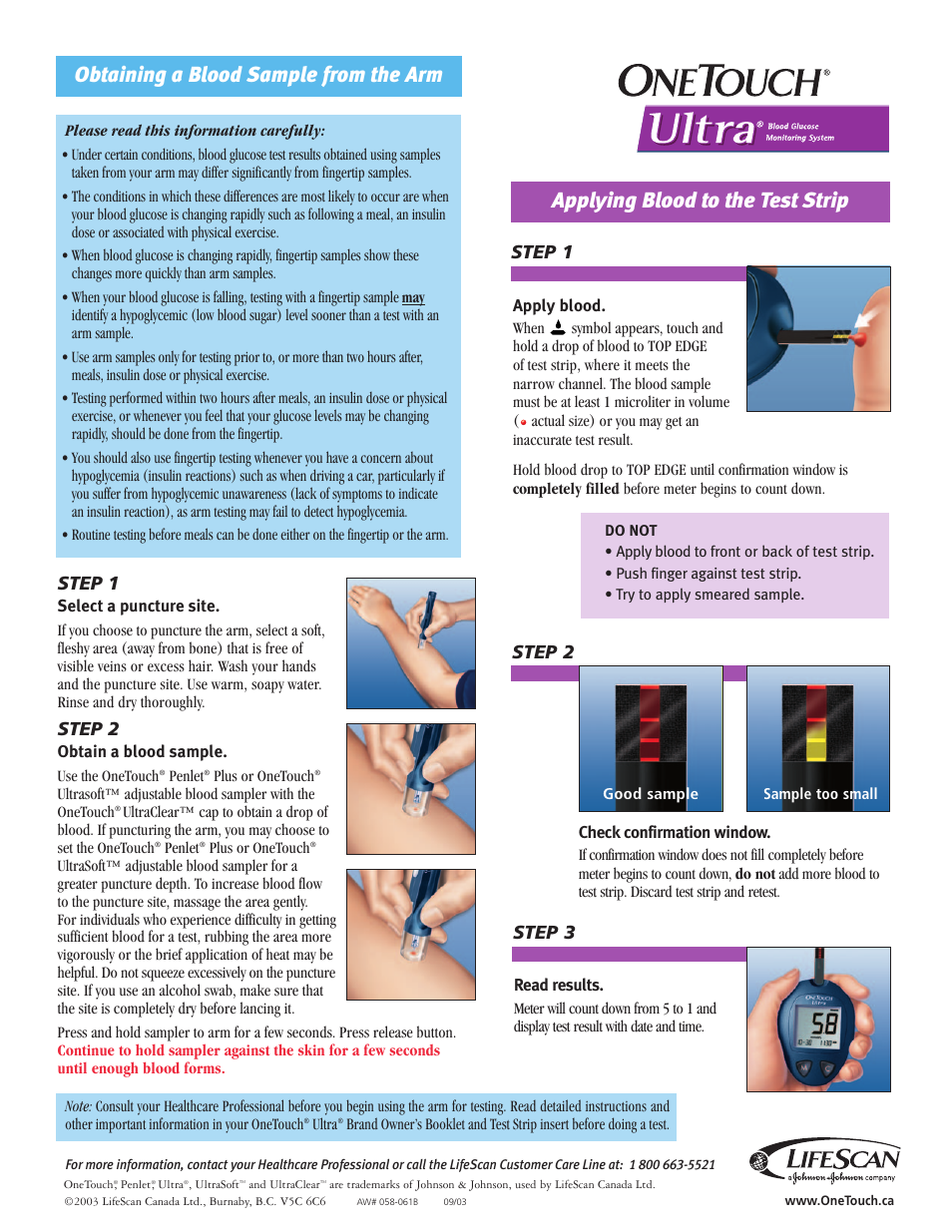 Obtaining a blood sample from the arm, Applying blood to the test strip, Step 1 | Step 2, Step 1 step 2, Step 3 | Johnson & Johnson One Touch User Manual | Page 2 / 2