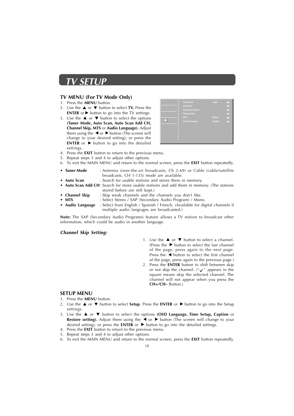 Tv setup, Setup menu, Tv menu (for tv mode only) | Jensen Tools JE1908 User Manual | Page 18 / 24
