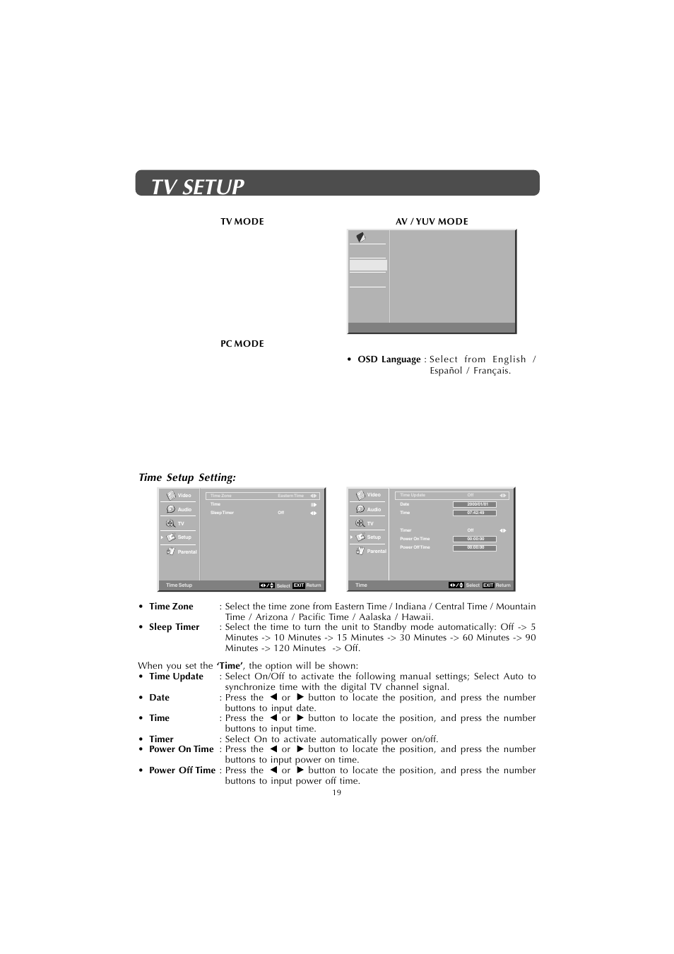 Tv setup, Time setup setting | Jensen Tools JE1908 User Manual | Page 19 / 24