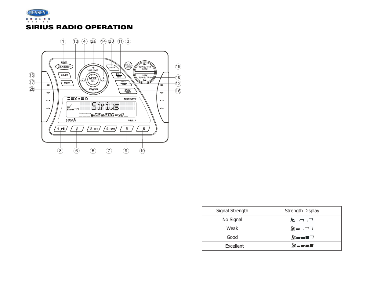 Msr2007, Sirius radio operation | Jensen Tools MSR2007 User Manual | Page 10 / 34
