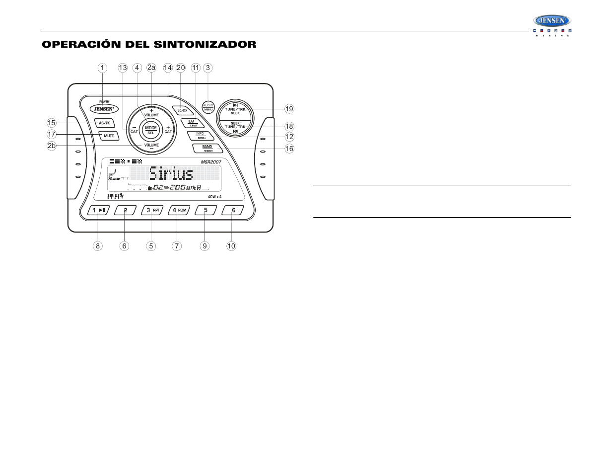 Msr2007, Operación del sintonizador | Jensen Tools MSR2007 User Manual | Page 19 / 34