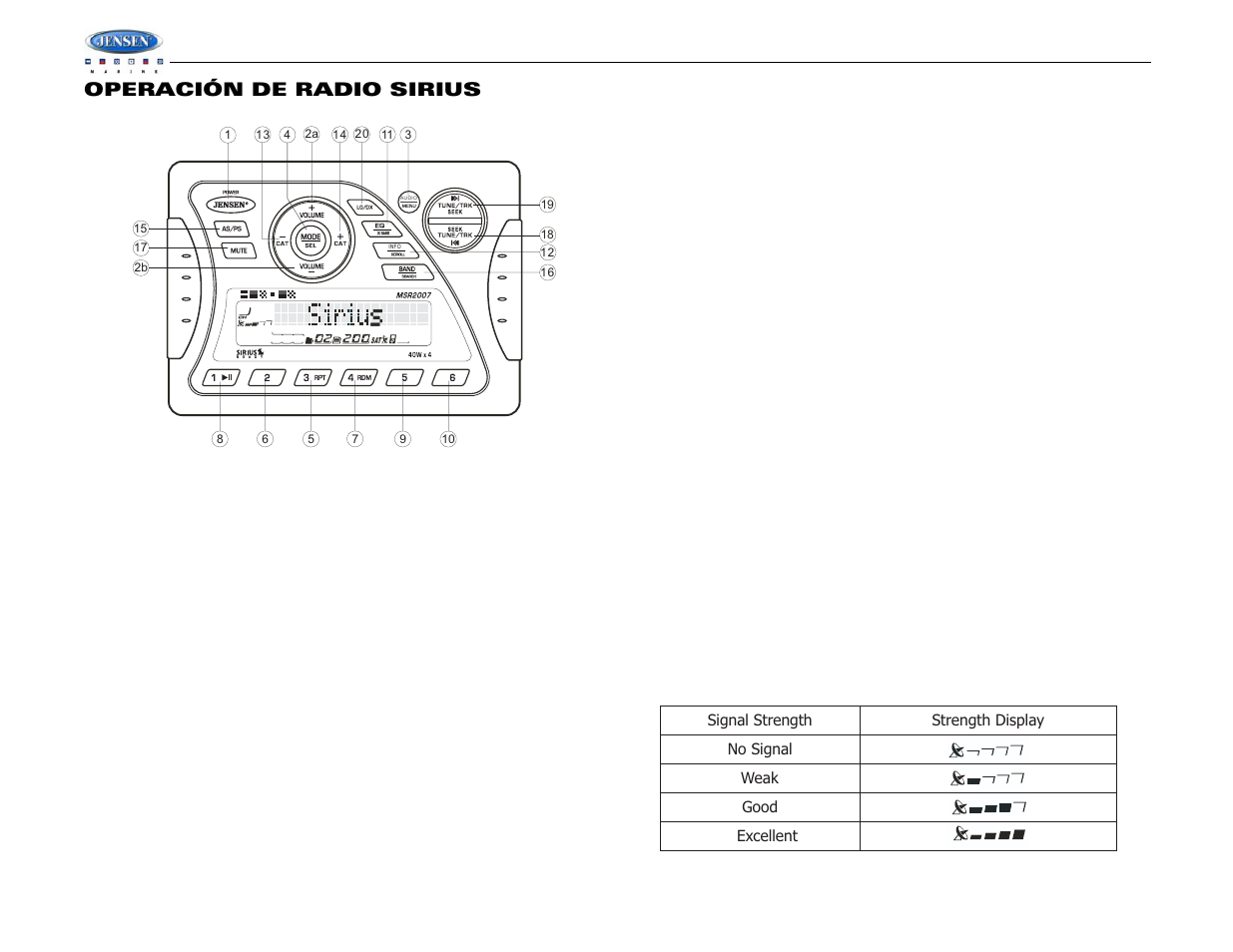 Msr2007, Operación de radio sirius | Jensen Tools MSR2007 User Manual | Page 20 / 34