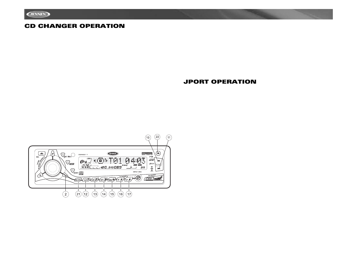 Cdx6311, Cd changer operation, Jport operation | Jensen Tools Mobile Receiver User Manual | Page 16 / 52