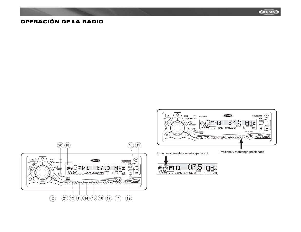 Cdx6311, Operación de la radio | Jensen Tools Mobile Receiver User Manual | Page 29 / 52