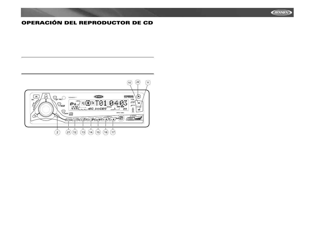 Cdx6311, Operación del reproductor de cd | Jensen Tools Mobile Receiver User Manual | Page 31 / 52