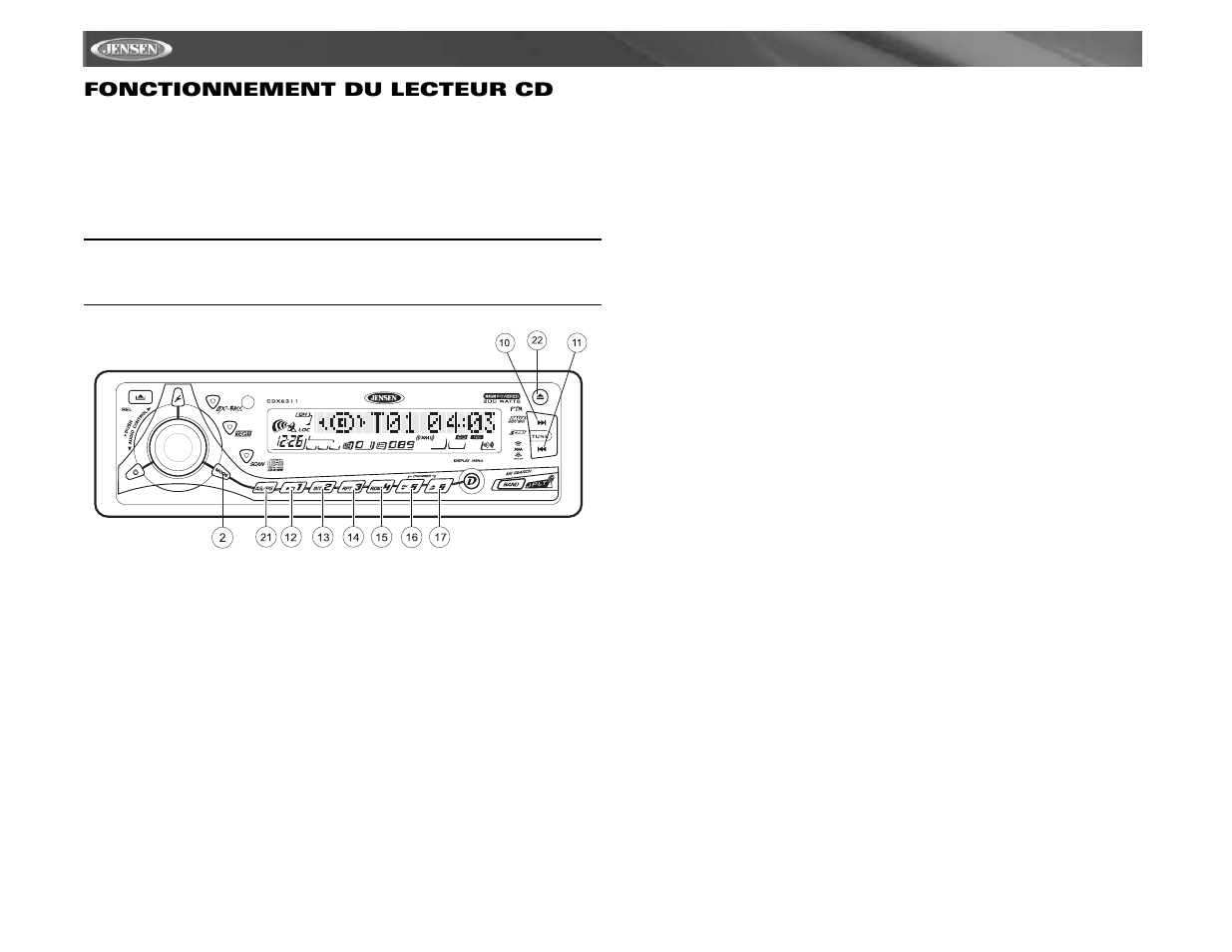 Cdx6311, Fonctionnement du lecteur cd | Jensen Tools Mobile Receiver User Manual | Page 48 / 52