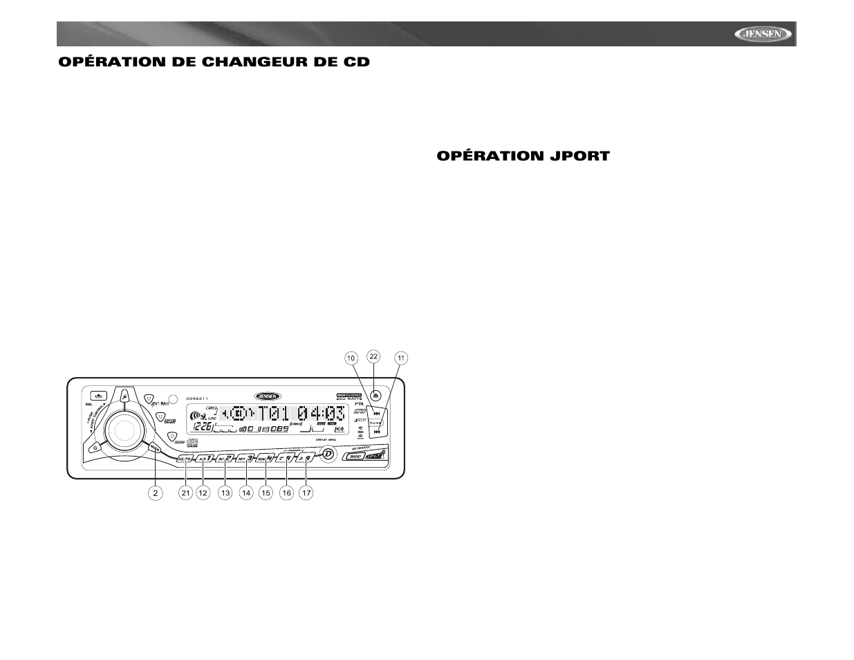 Cdx6311, Opération de changeur de cd, Opération jport | Jensen Tools Mobile Receiver User Manual | Page 49 / 52