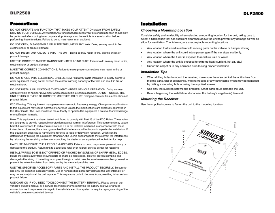 Precautions, Installation, Choosing a mounting location | Installation tips, Mounting the receiver, Dlp2500 | Jensen Tools DLP2500 User Manual | Page 3 / 10