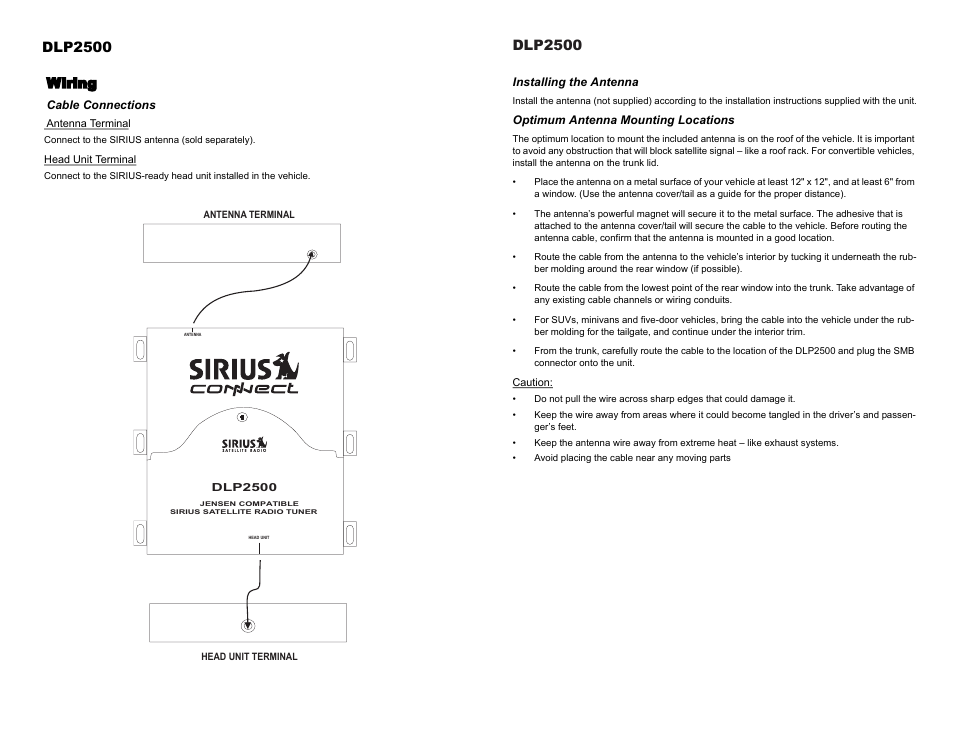 Wiring, Cable connections, Installing the antenna | Optimum antenna mounting locations, Dlp2500 | Jensen Tools DLP2500 User Manual | Page 6 / 10
