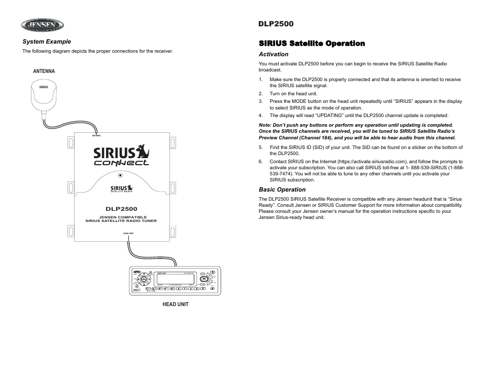 Sirius satellite operation, Activation, Turn on the head unit | Basic operation, System example, Dlp2500, Mem pgm rpt shf scn, Open sirius satellite operation | Jensen Tools DLP2500 User Manual | Page 8 / 10