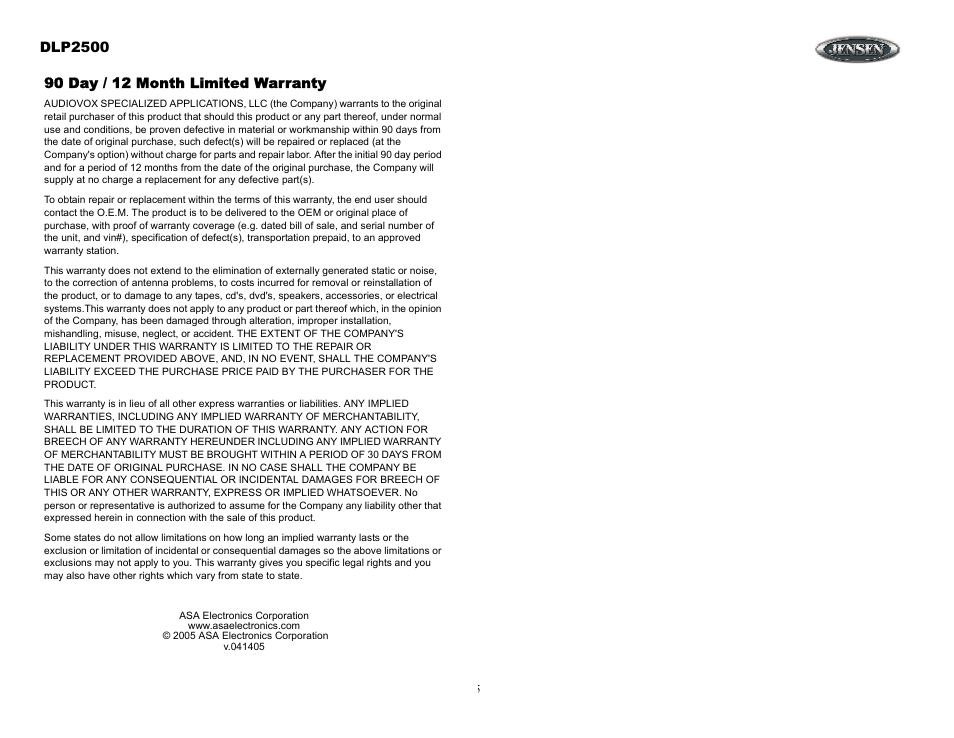 90 day / 12 month limited warranty | Jensen Tools DLP2500 User Manual | Page 9 / 10