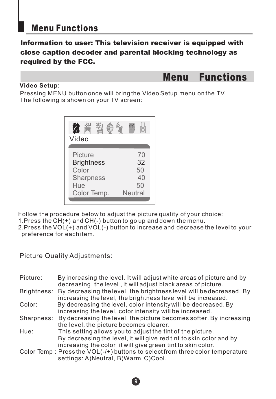 Menu functions | Jensen Tools CV2017J User Manual | Page 11 / 32