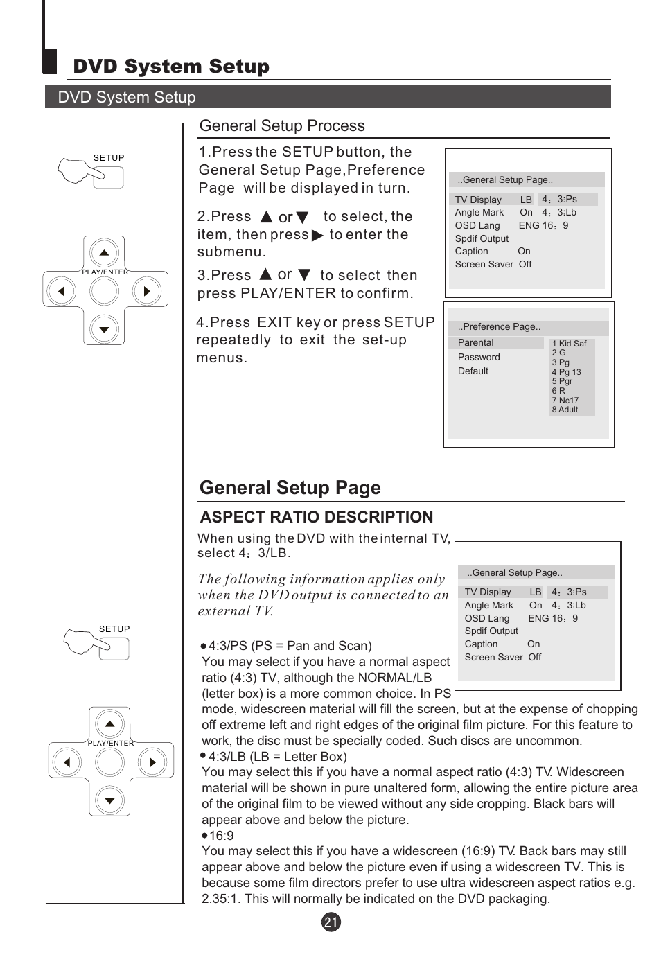 Dvd system setup, General setup page, Dvd system setup general setup process | Aspect ratio description | Jensen Tools CV2017J User Manual | Page 23 / 32