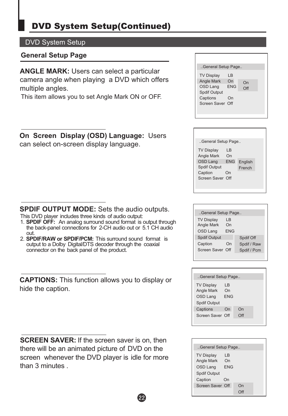 Dvd system setup(continued), Spdlf output mode: sets the audio outputs, This item allows you to set angle mark on or off | Jensen Tools CV2017J User Manual | Page 24 / 32