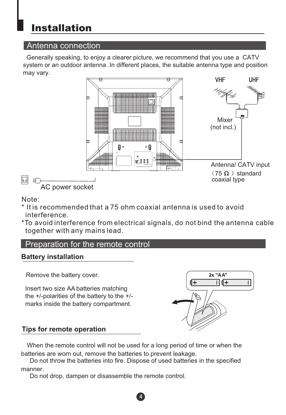 Installation, Antenna connection, Preparation for the remote control | Jensen Tools CV2017J User Manual | Page 6 / 32