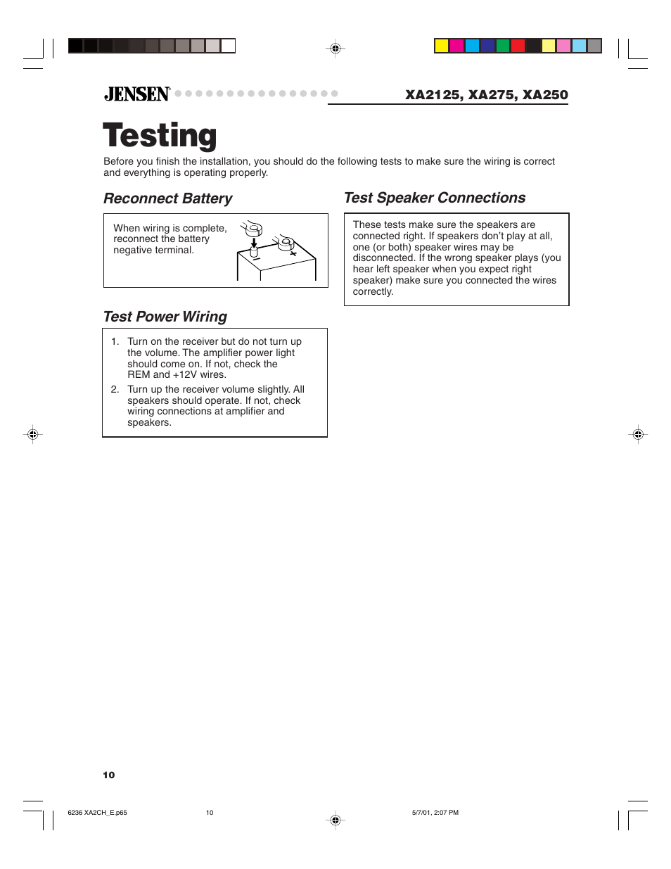 Testing, Test power wiring, Test speaker connections | Reconnect battery | Jensen Tools XA2125 User Manual | Page 10 / 13