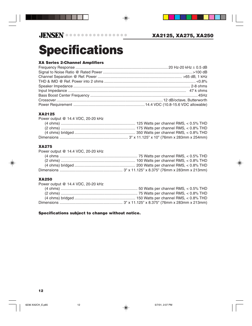 Specifications | Jensen Tools XA2125 User Manual | Page 12 / 13