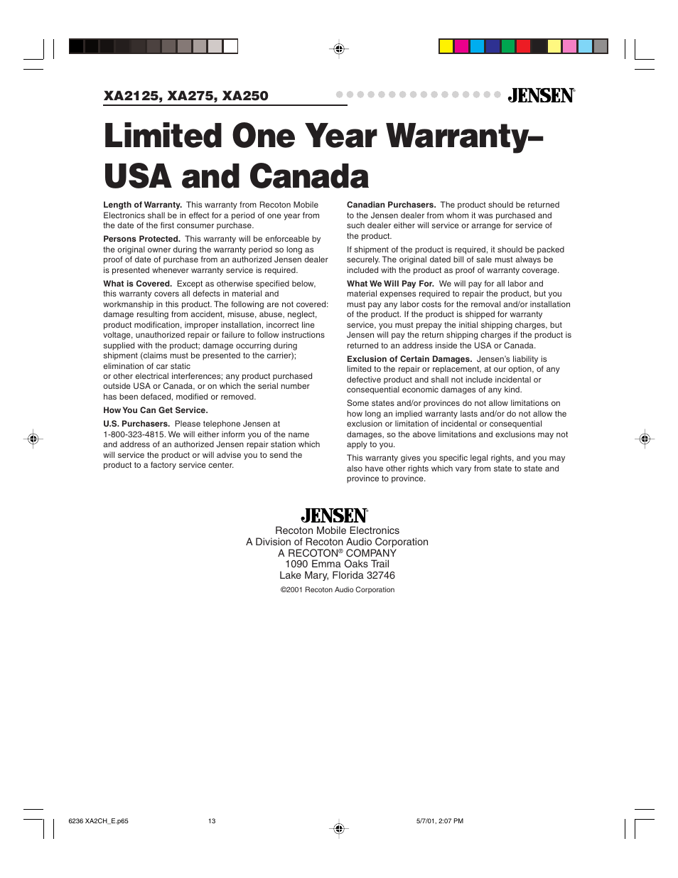 Limited one year warranty– usa and canada | Jensen Tools XA2125 User Manual | Page 13 / 13