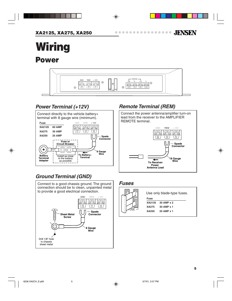 Wiring, Power, Remote terminal (rem) power terminal (+12v) | Ground terminal (gnd), Fuses | Jensen Tools XA2125 User Manual | Page 5 / 13