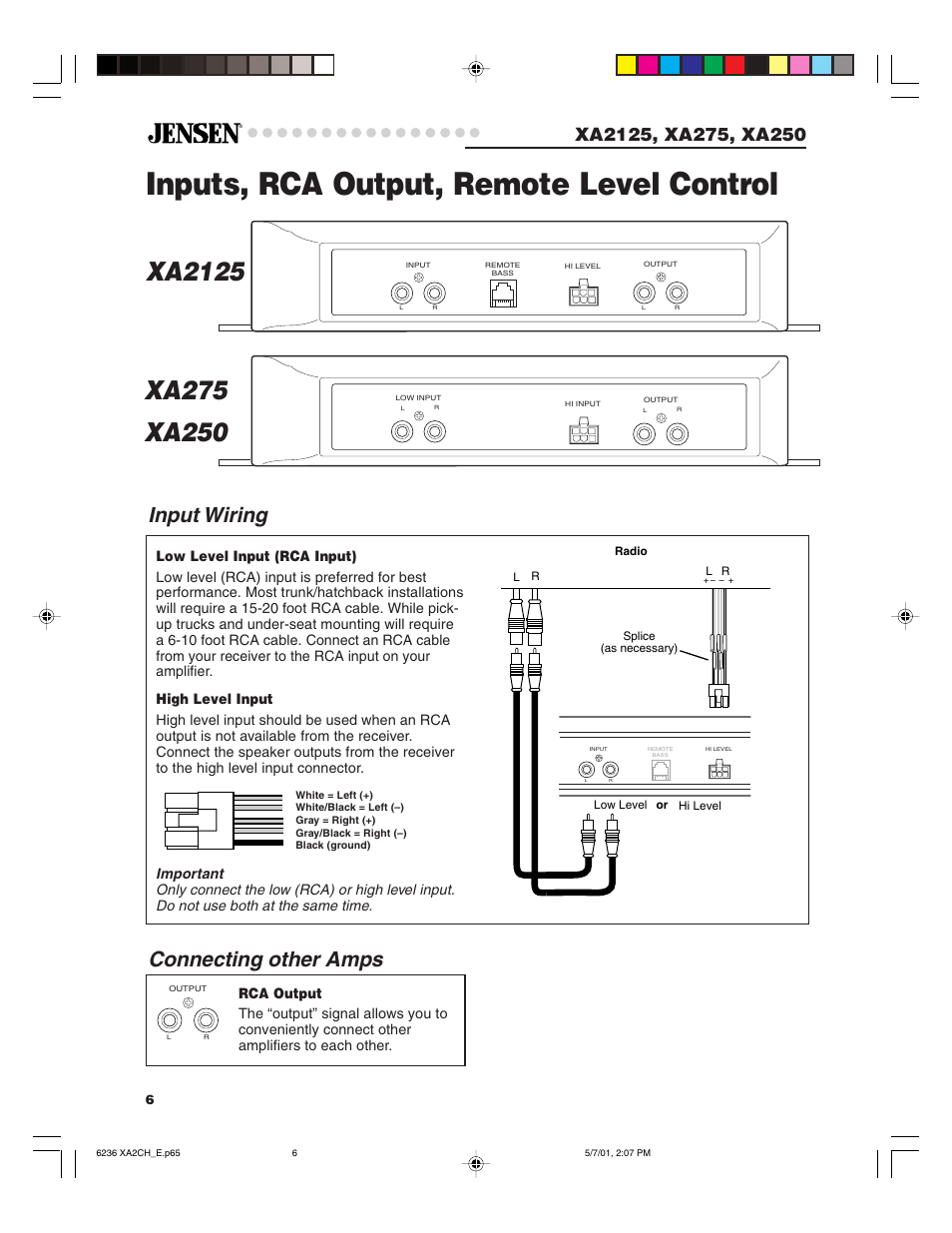 Inputs, rca output, remote level control, Input wiring, Connecting other amps | Jensen Tools XA2125 User Manual | Page 6 / 13