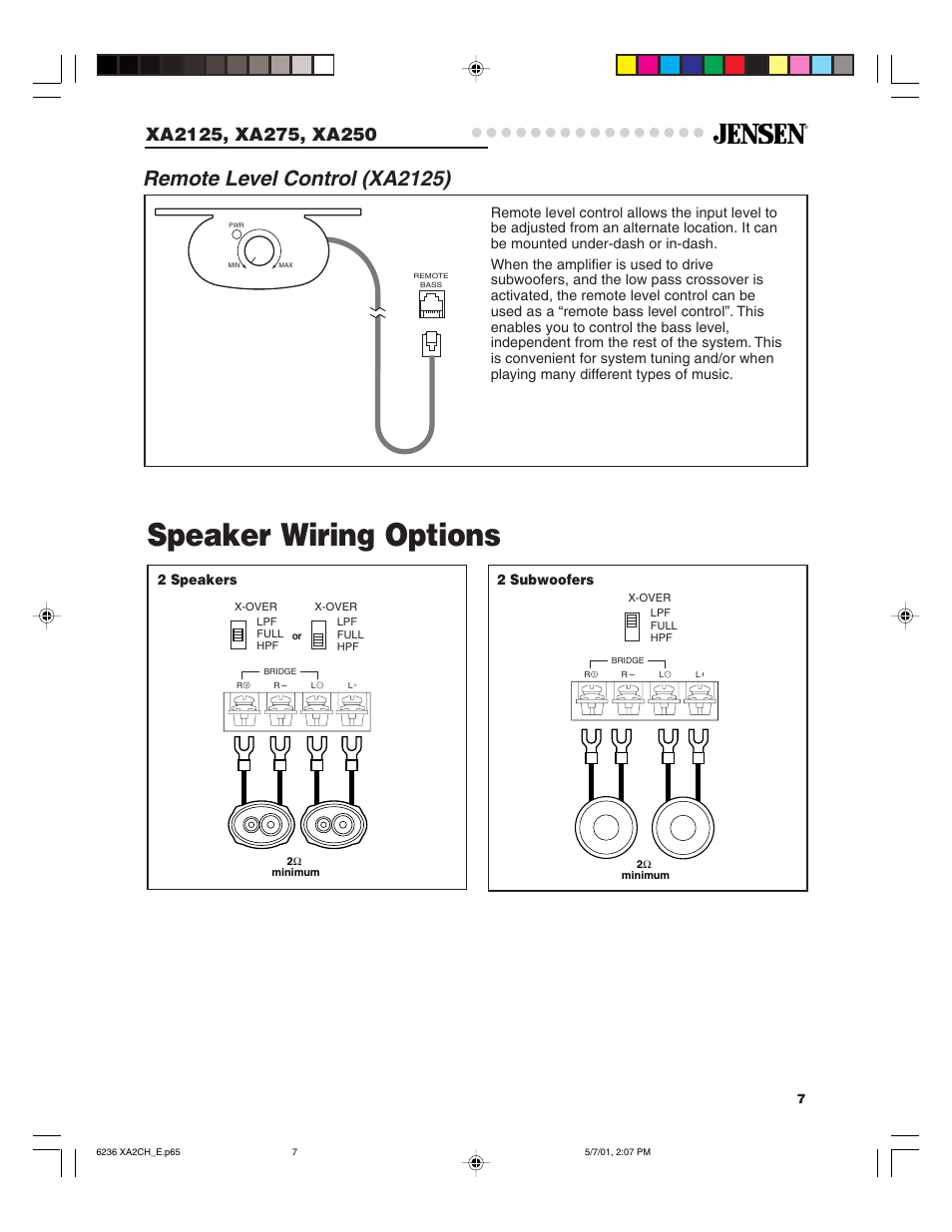 Speaker wiring options, Remote level control (xa2125), 2 subwoofers 2 speakers | Jensen Tools XA2125 User Manual | Page 7 / 13