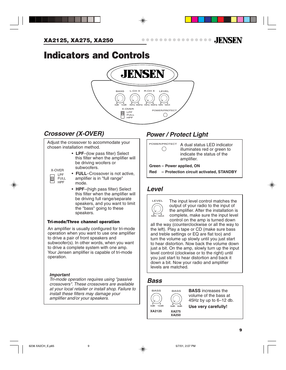 Indicators and controls, Crossover (x-over) level, Power / protect light | Bass | Jensen Tools XA2125 User Manual | Page 9 / 13