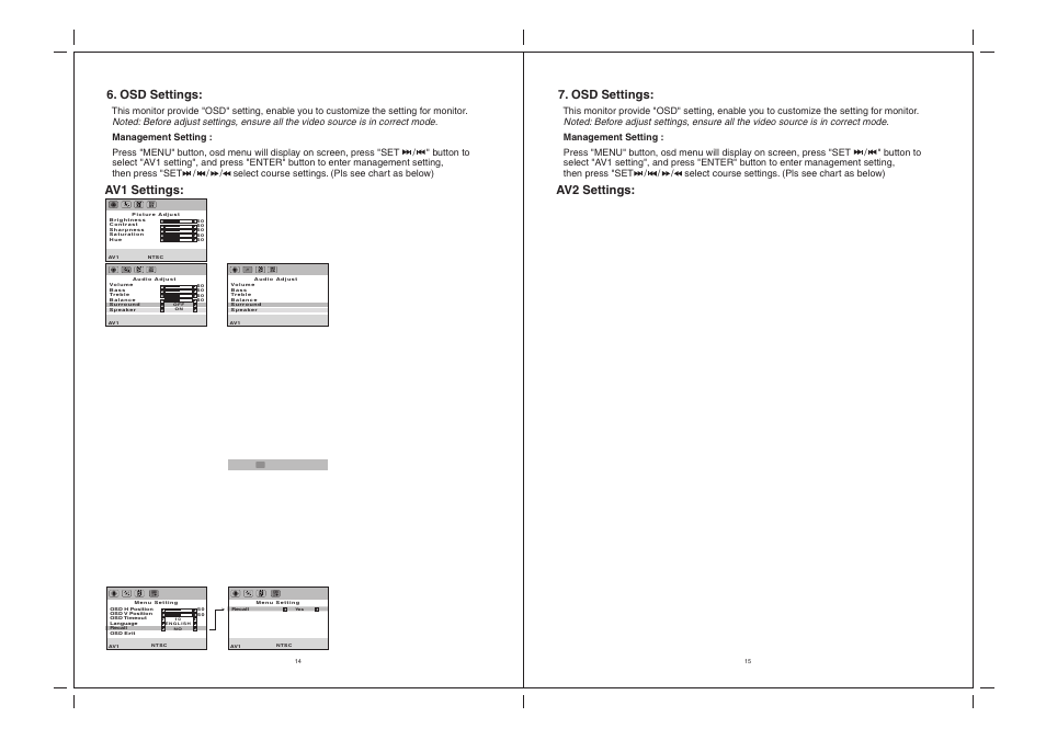 Av1 settings: 6. osd settings, Av2 settings: 7. osd settings | Jensen Tools JE2043 User Manual | Page 10 / 13