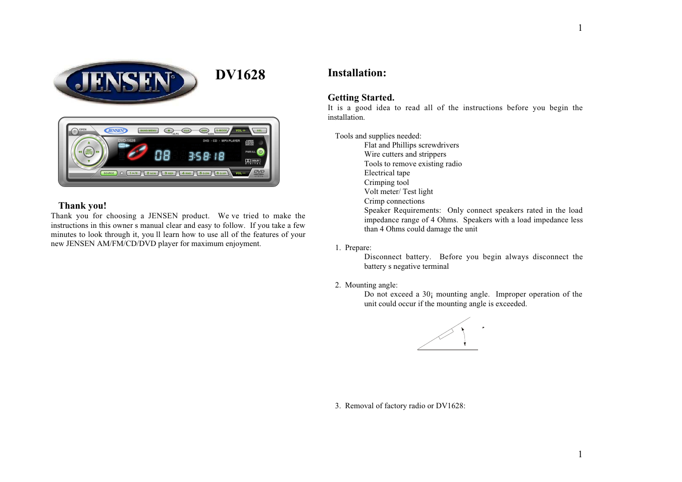 Jensen Tools DV1628 User Manual | 18 pages