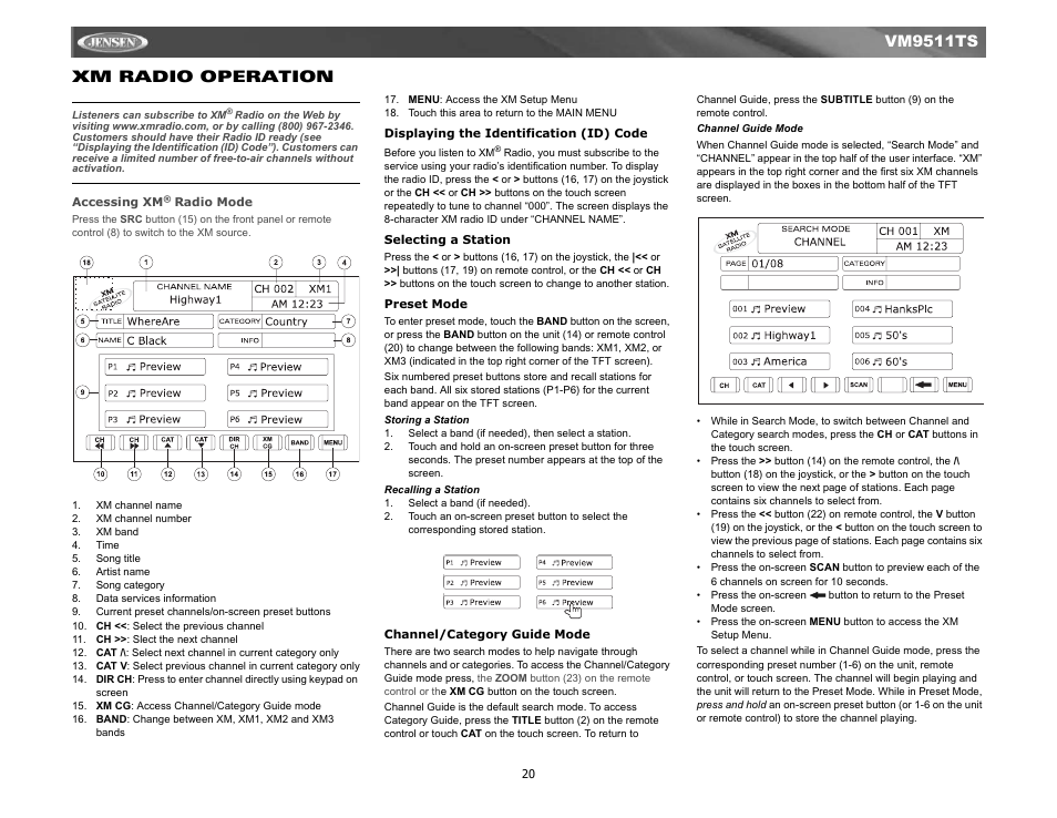 Xm radio, Vm9511ts xm radio operation | Jensen Tools VM9511TS User Manual | Page 22 / 41