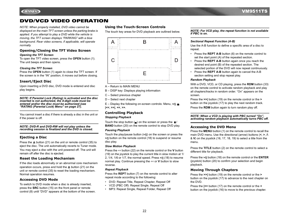 Dvd / vcd video operation, Vm9511ts dvd/vcd video operation | Jensen Tools VM9511TS User Manual | Page 24 / 41
