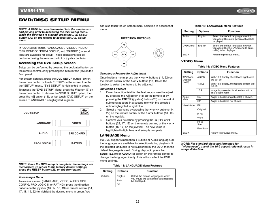 Dvd / disc setup menu, Vm9511ts dvd/disc setup menu | Jensen Tools VM9511TS User Manual | Page 27 / 41