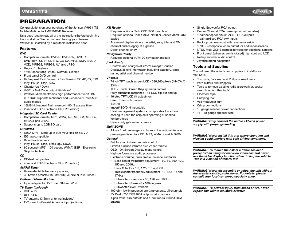 Features, Tools for installation, Vm9511ts preparation | Jensen Tools VM9511TS User Manual | Page 3 / 41