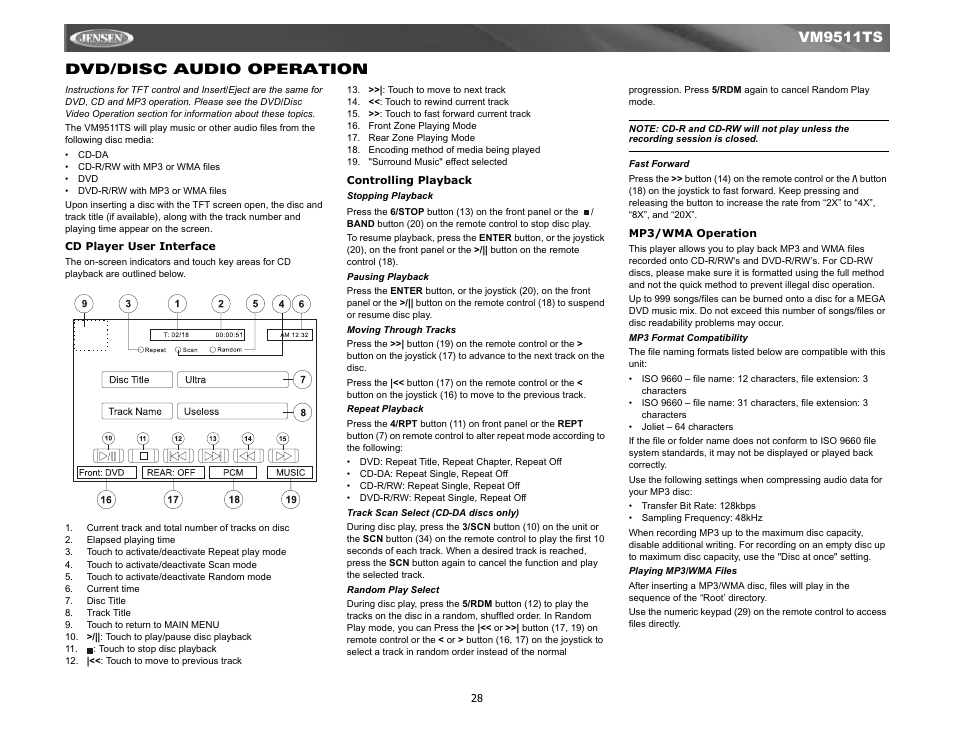 Dvd / disc audio operation, Vm9511ts dvd/disc audio operation | Jensen Tools VM9511TS User Manual | Page 30 / 41