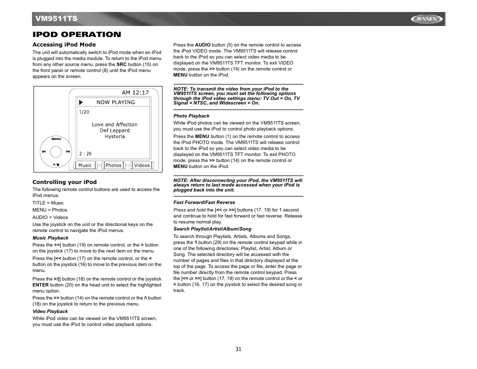 Ipod operation, Vm9511ts ipod operation | Jensen Tools VM9511TS User Manual | Page 33 / 41