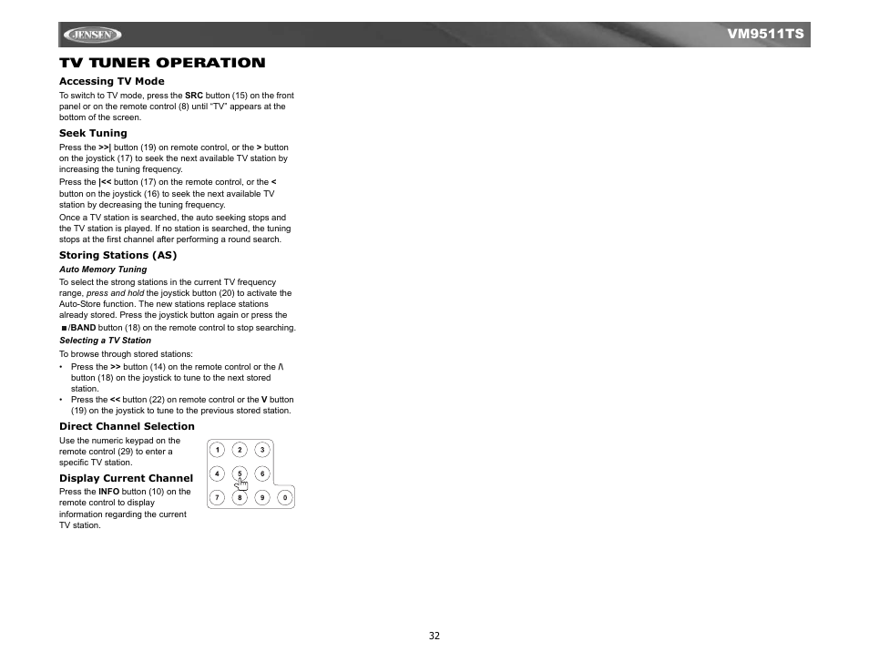 Tv tuner operation, Vm9511ts tv tuner operation | Jensen Tools VM9511TS User Manual | Page 34 / 41