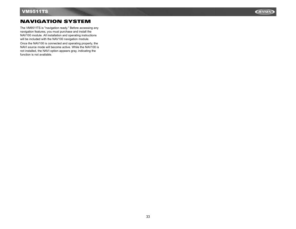 Navigation system | Jensen Tools VM9511TS User Manual | Page 35 / 41