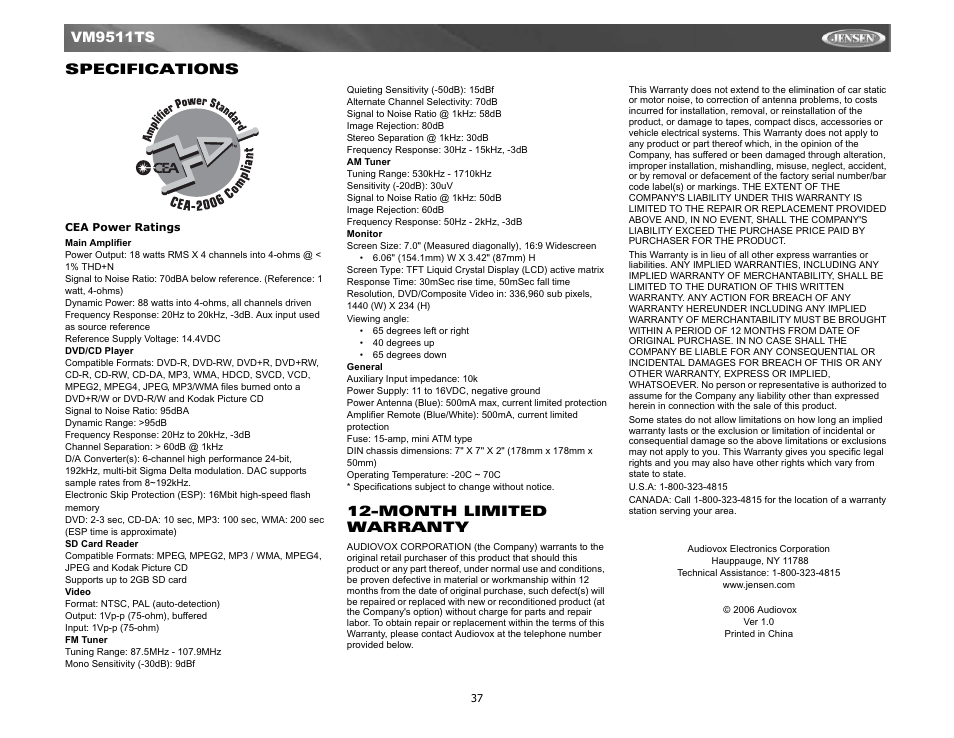 Specs, Vm9511ts specifications, Month limited warranty | Jensen Tools VM9511TS User Manual | Page 39 / 41