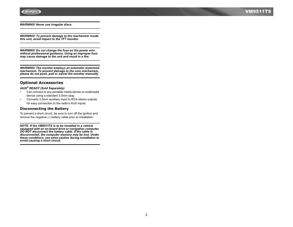 Vm9511ts | Jensen Tools VM9511TS User Manual | Page 4 / 41