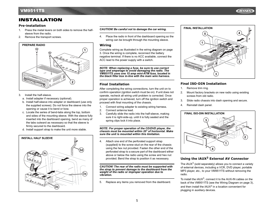 Mounting, Vm9511ts installation | Jensen Tools VM9511TS User Manual | Page 7 / 41