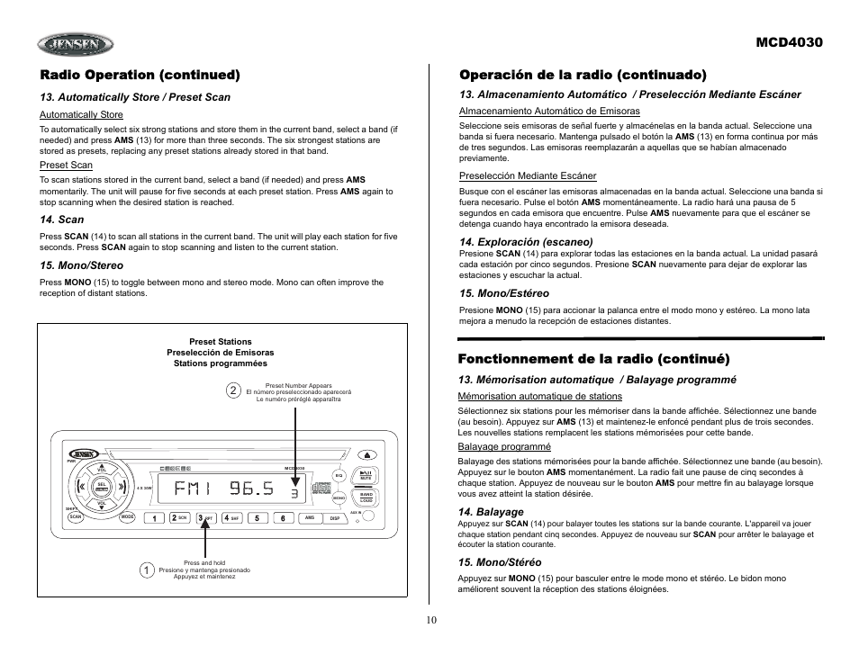 Radio operation (continued), Automatically store / preset scan, Scan | Mono/stereo, Operación de la radio (continuado), Exploración (escaneo), Mono/estéreo, Mémorisation automatique / balayage programmé, Balayage, Mono/stéréo | Jensen Tools MCD4030 User Manual | Page 10 / 15