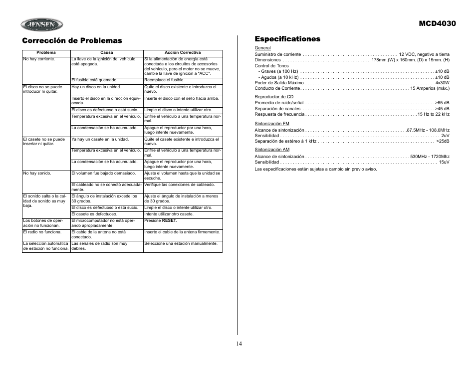 Mcd4030, Corrección de problemas, Especificationes | Jensen Tools MCD4030 User Manual | Page 14 / 15