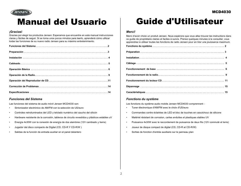Funciones del sistema, Merci, Fonctions du système | Manual del usuario guide d'utilisateur, Mcd4030 | Jensen Tools MCD4030 User Manual | Page 2 / 15