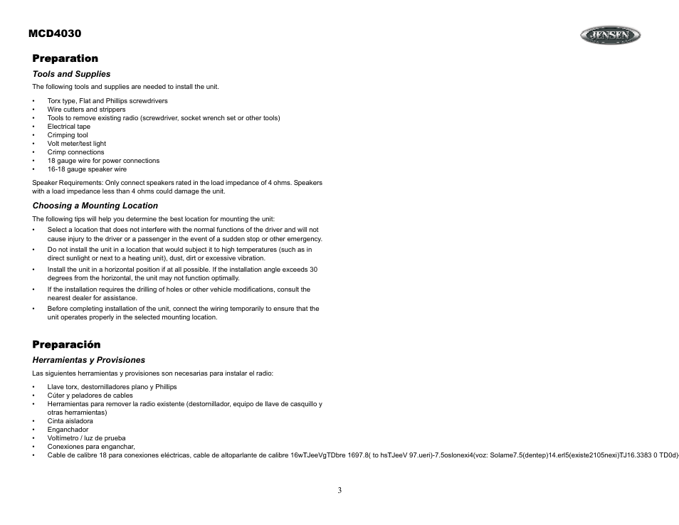 Preparation, Tools and supplies, Choosing a mounting location | Preparación, Herramientas y provisiones, Elección del lugar para la instalación, Préparation, Outils et matériel, Choisir un emplacement de montage, Mcd4030 | Jensen Tools MCD4030 User Manual | Page 3 / 15