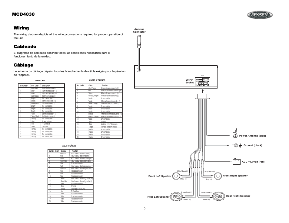 Wiring, Cableado, Câblage | Mcd4030 | Jensen Tools MCD4030 User Manual | Page 5 / 15