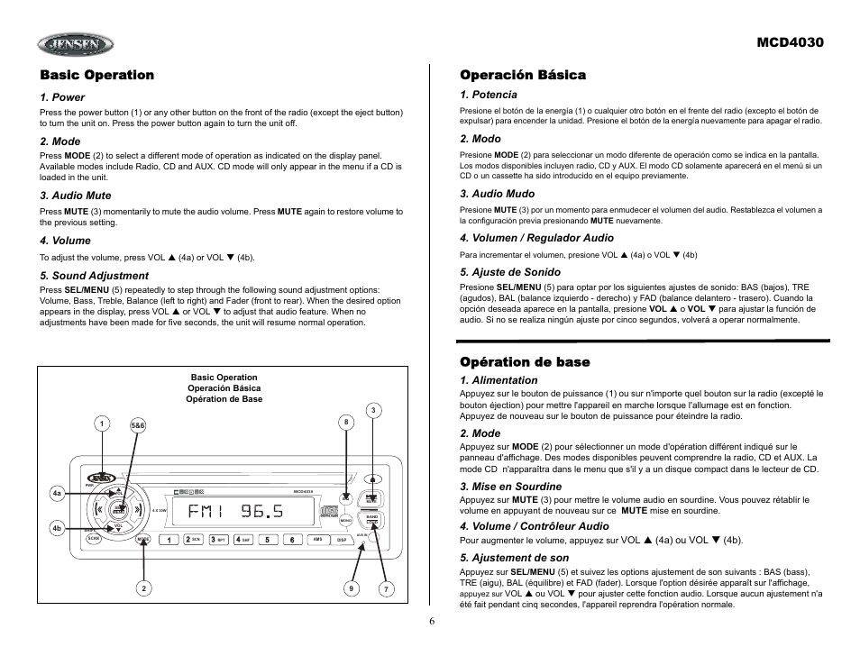 Basic operation, Power, Mode | Audio mute, Volume, Sound adjustment, Operación básica, Potencia, Modo, Audio mudo | Jensen Tools MCD4030 User Manual | Page 6 / 15